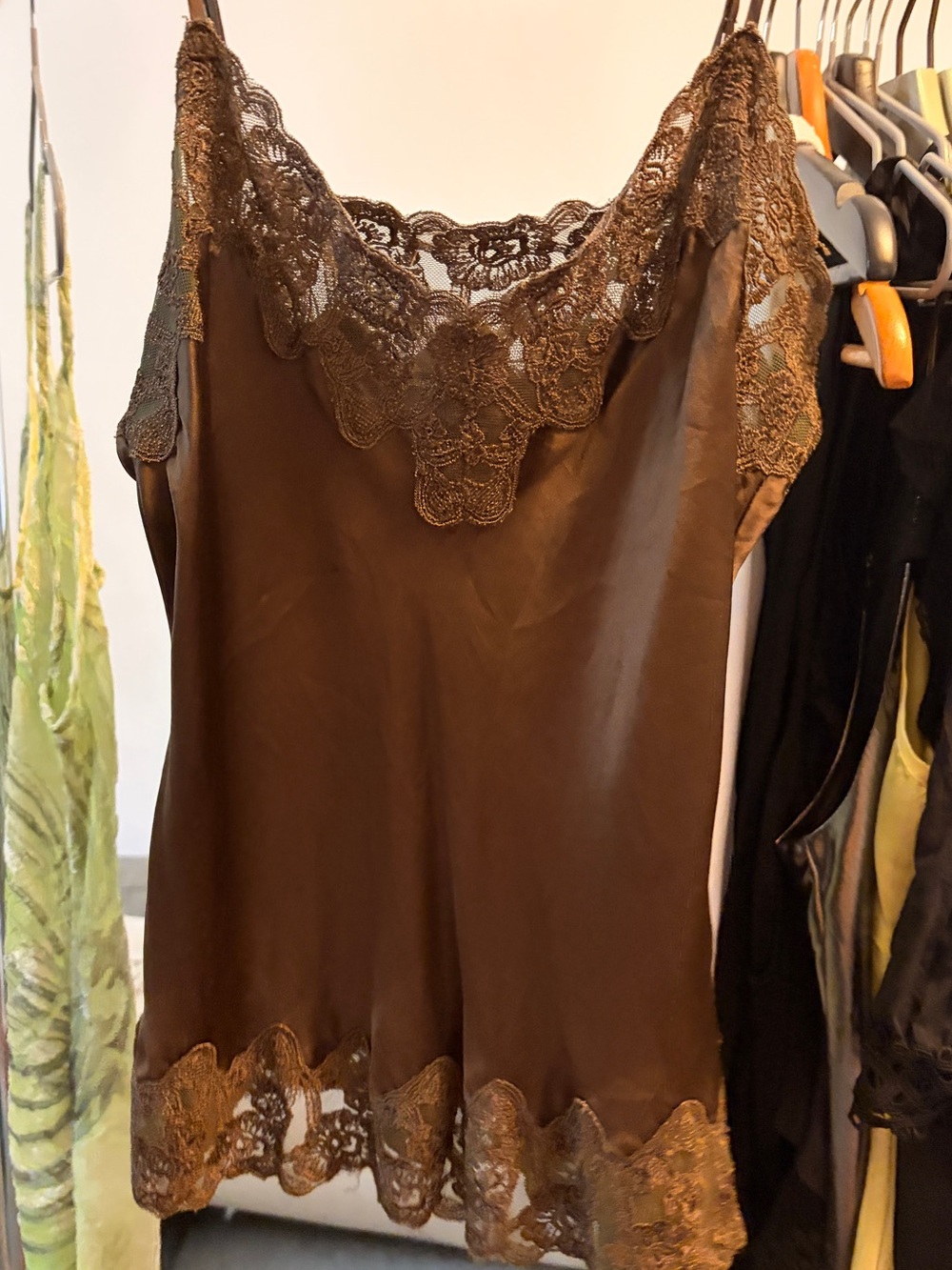 Brown Lace-Trim Silk Camisole Top